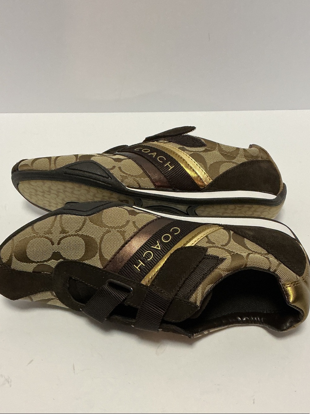 Coach Brown and Tan Monogram Velcro Sneakers - Picture 3 of 9